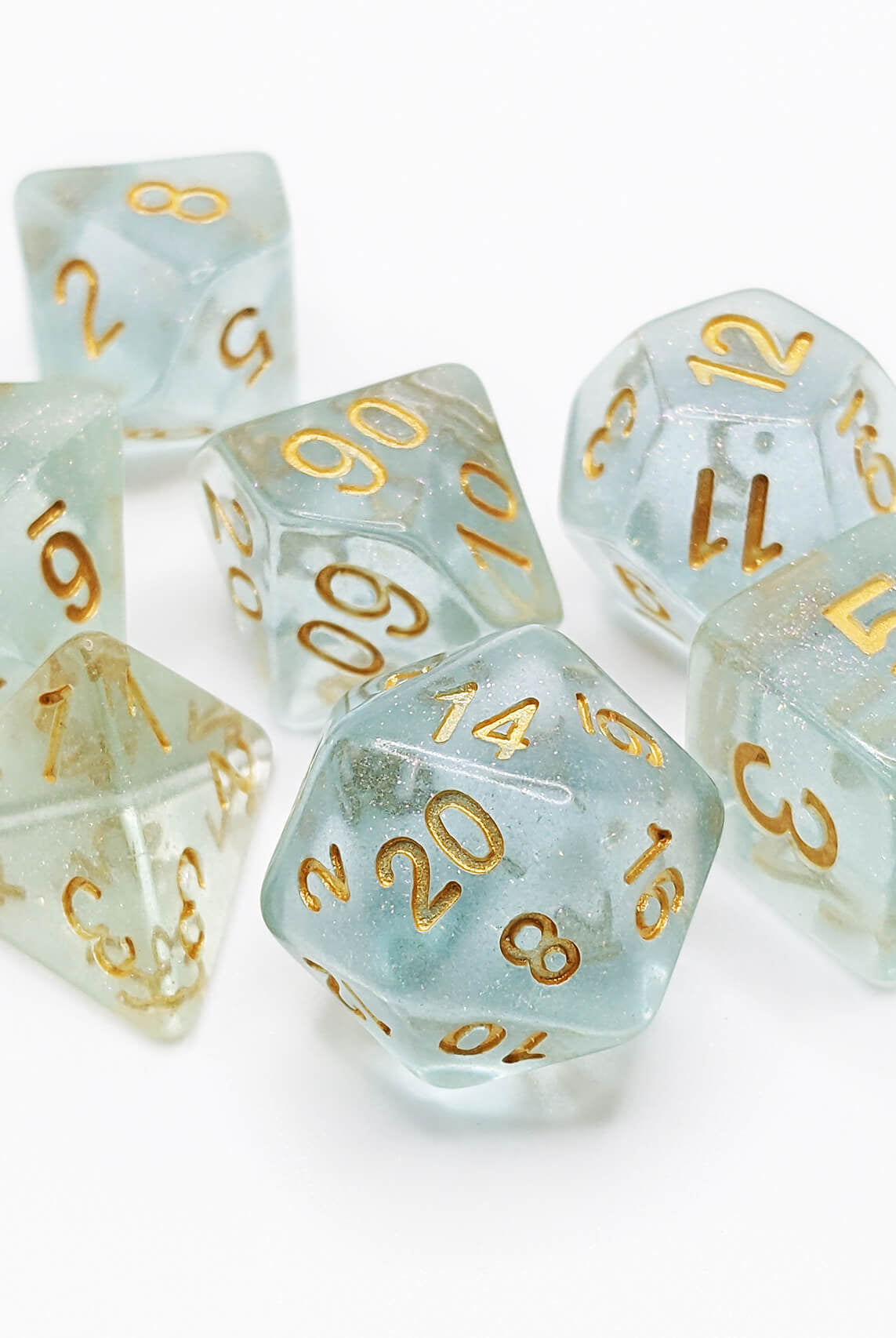 Diaphanous teal ttrpg dice set