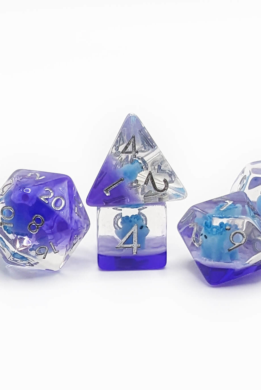 Blue and purple dinosaur dice for dungeons and dragons and other rpg games