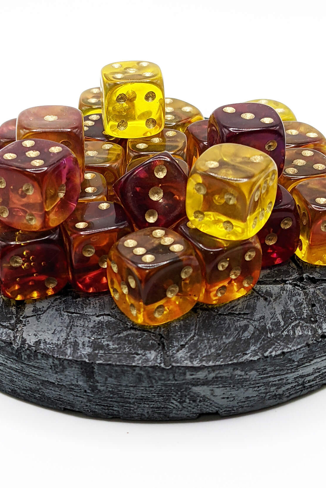 Firefly d6 yellow and purple dice with pips