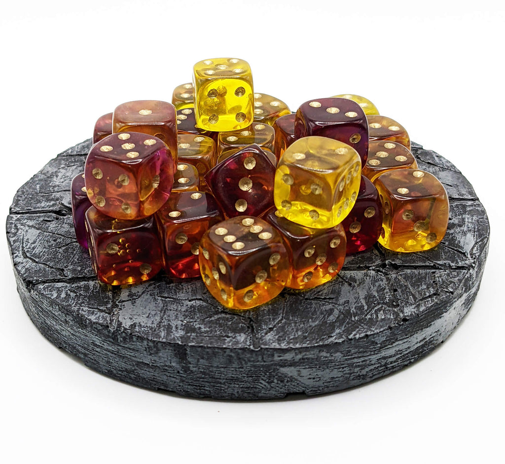 Firefly d6 yellow and purple dice with pips