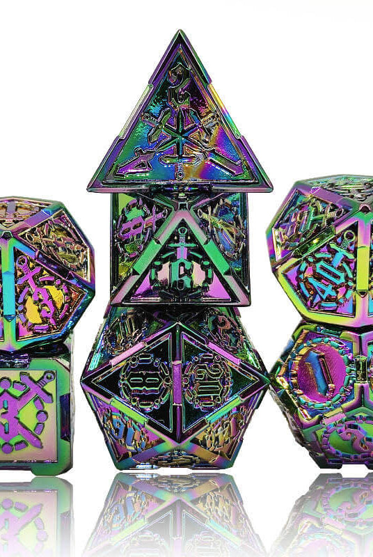 Flame torched rainbow dice