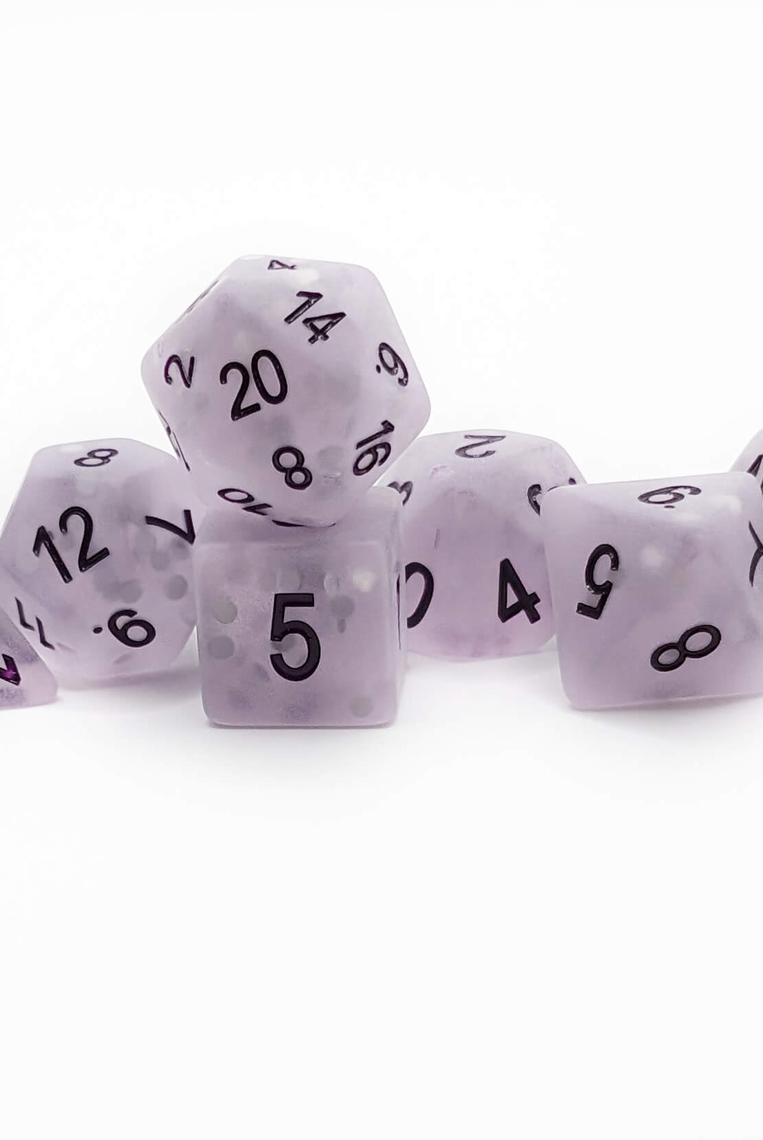 Frosted lavender purple ttrpg game dice set