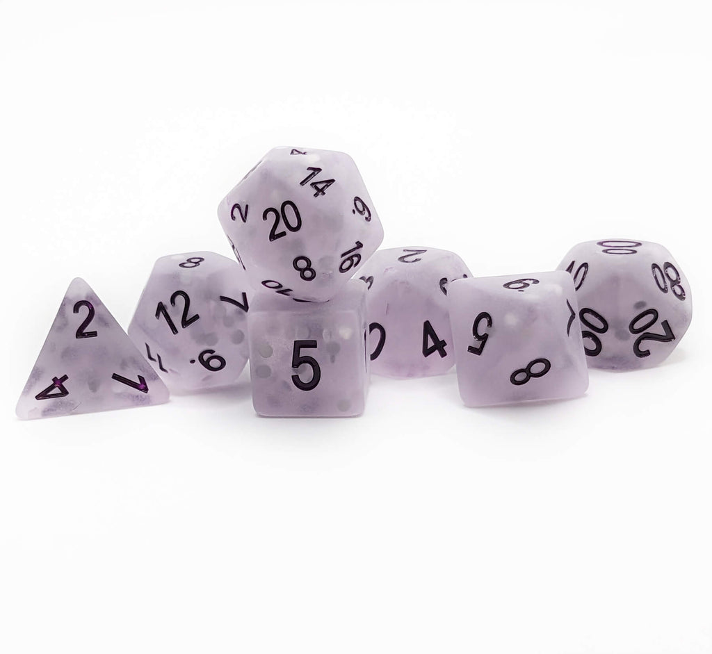 Frosted lavender purple ttrpg game dice set