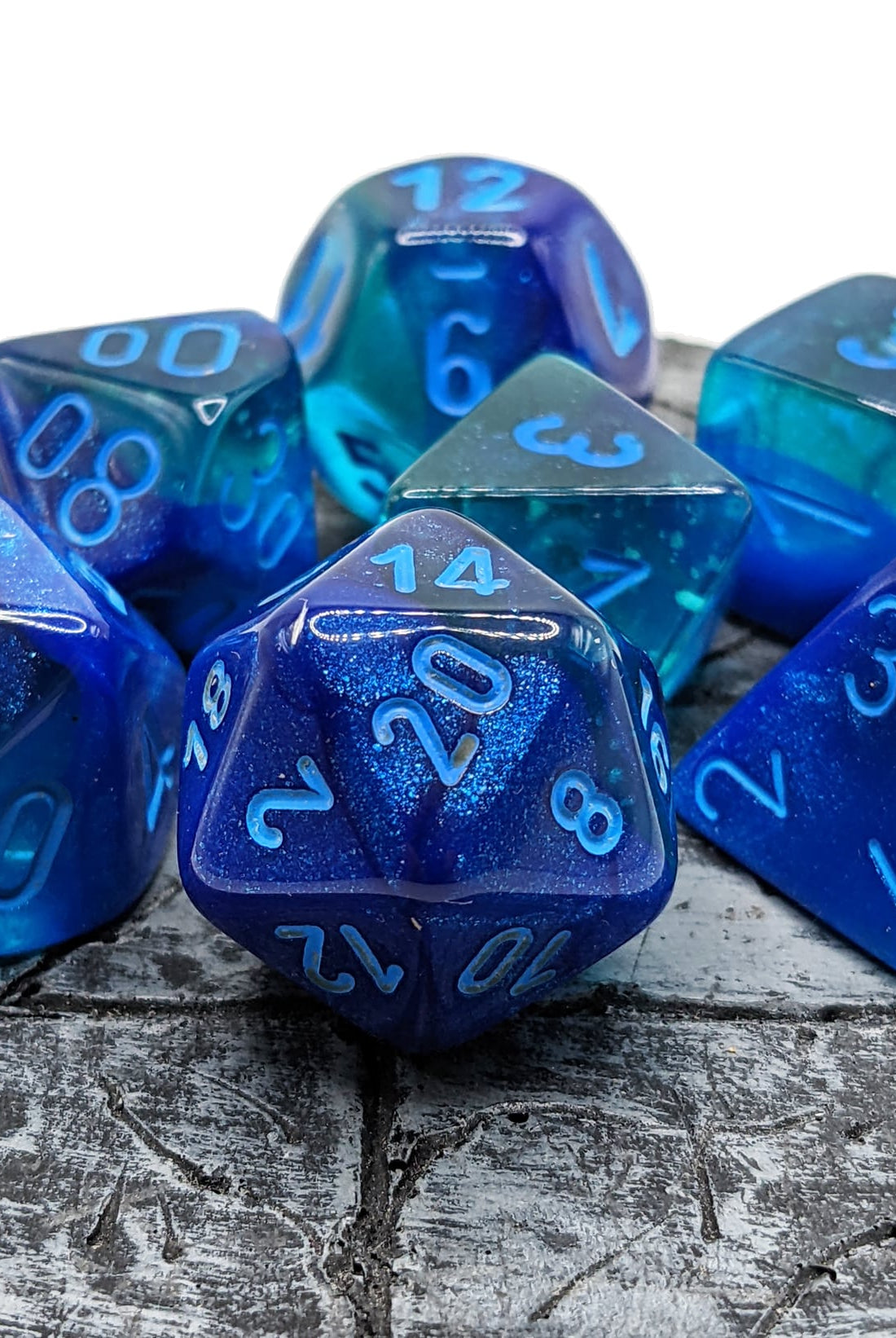 Gemini Blue-Blue dice with light blue numbers and glow in the dark luminary effect