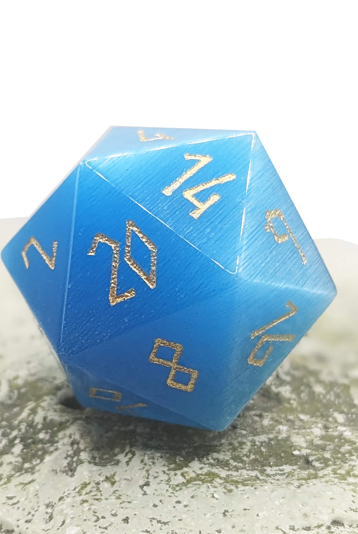 Gemstone dice Blue cats eye d20 with gold numbers