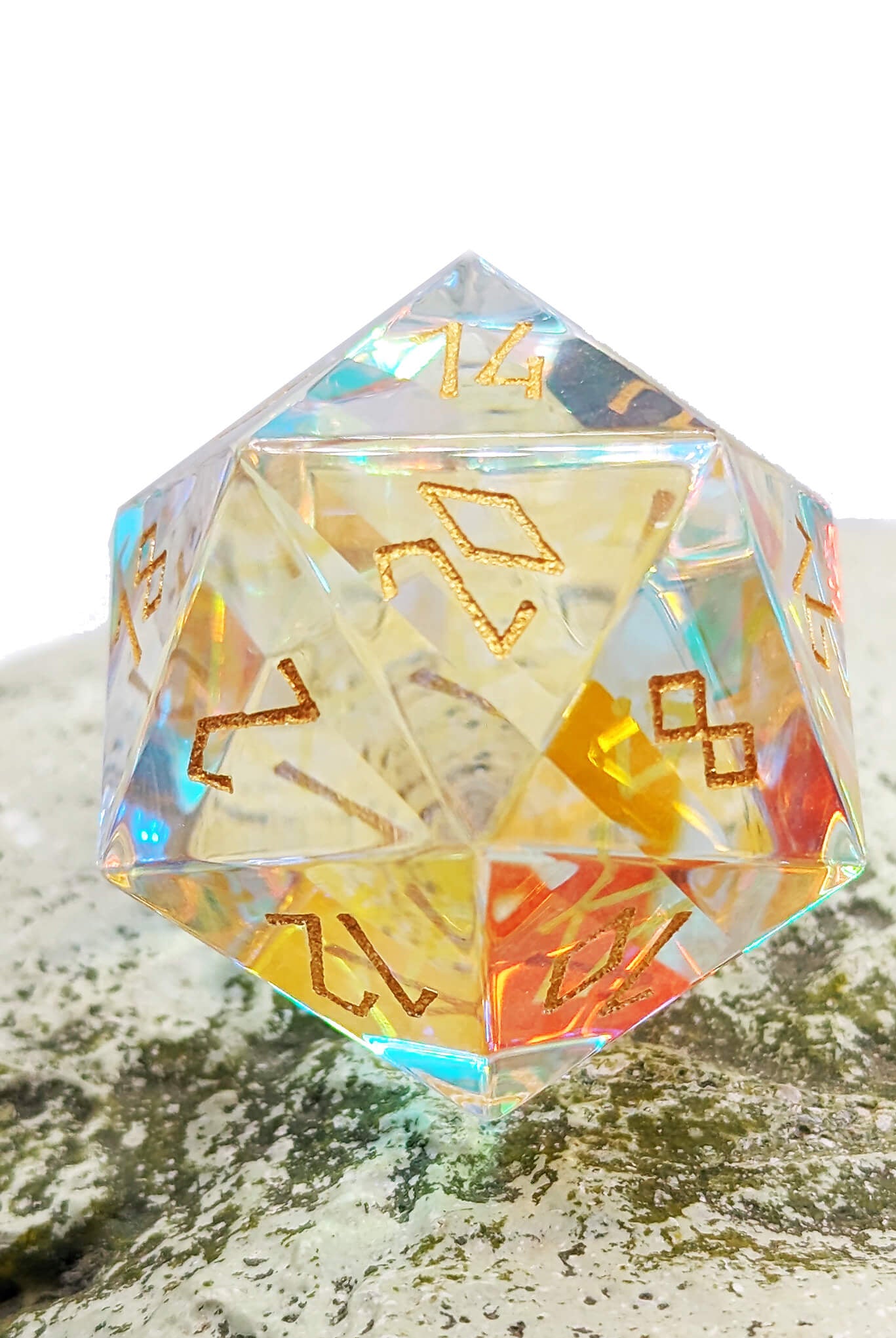 Dichroic Rainbow Glass d20 with gold numbers