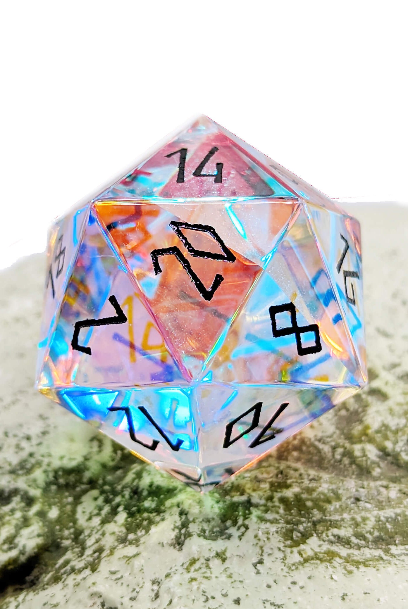 Dichroic Rainbow Glass d20 with black numbers