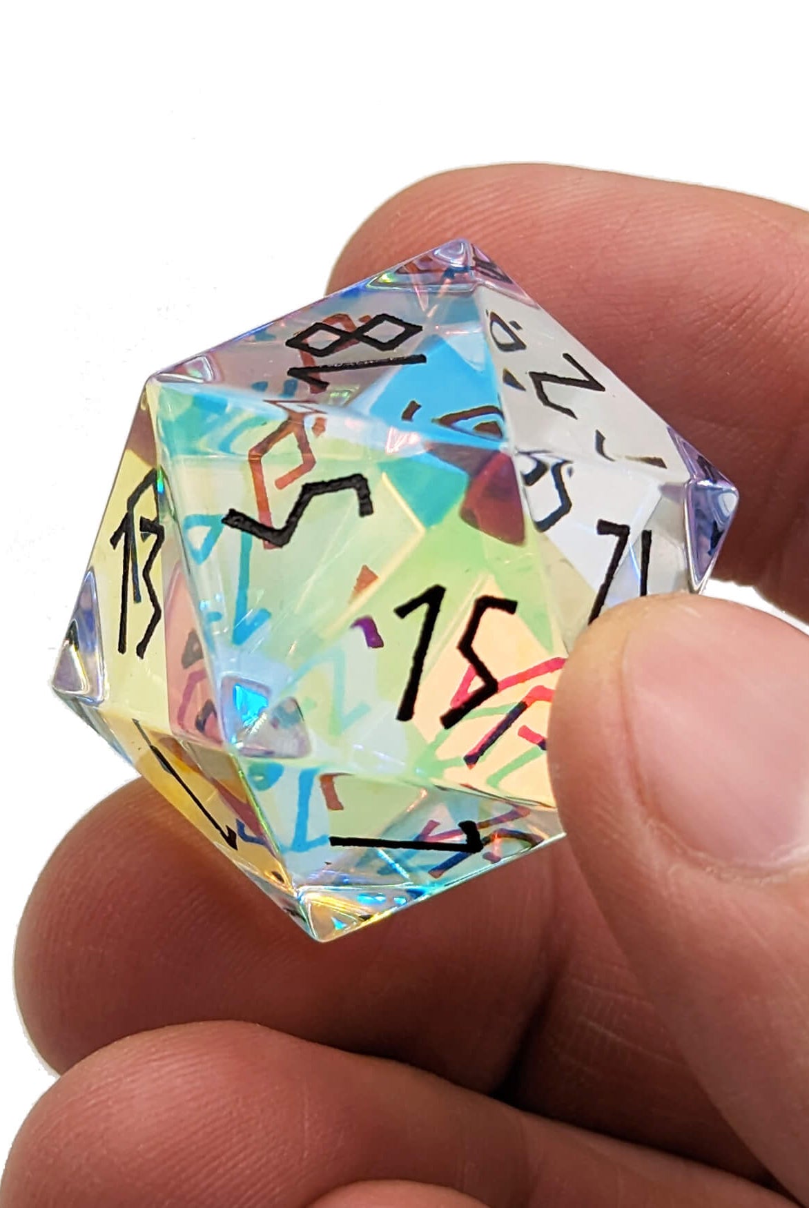 Beautiful glass d20 rainbow dice with black font