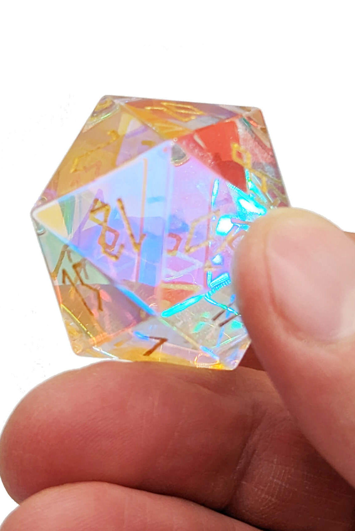 Beautiful glass d20 rainbow dice with gold font