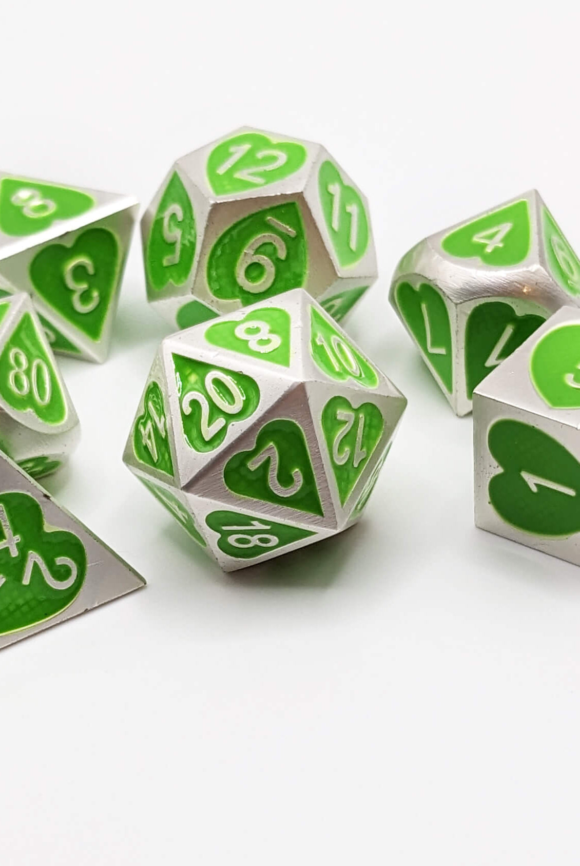 Lucky Kelly Green heart dice for dnd and other fantasy games