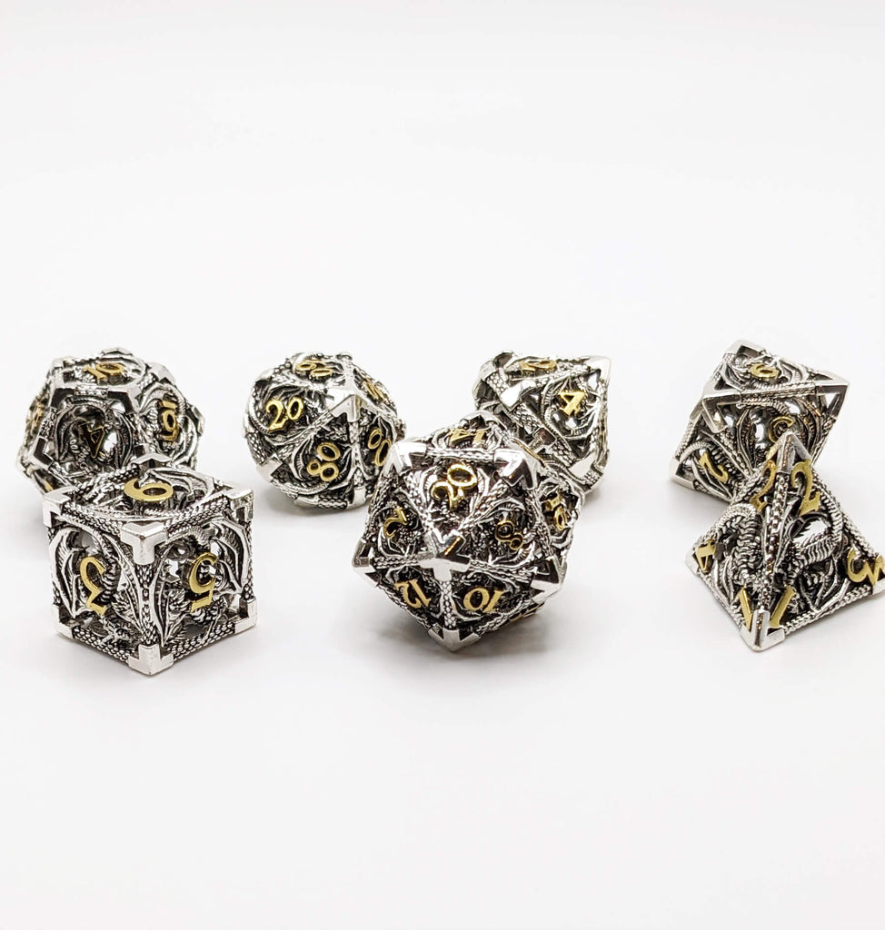 Hollow dragons silver gold dice set