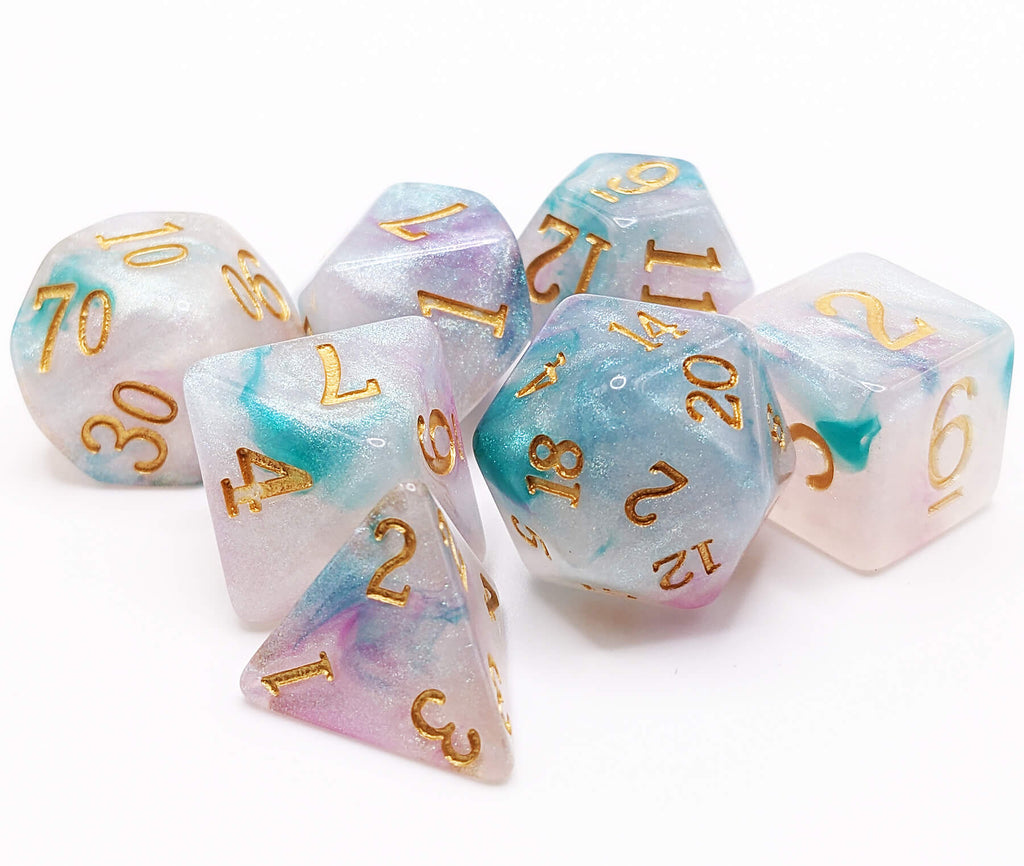 Teal and pink iridescent dice for ttrpg games