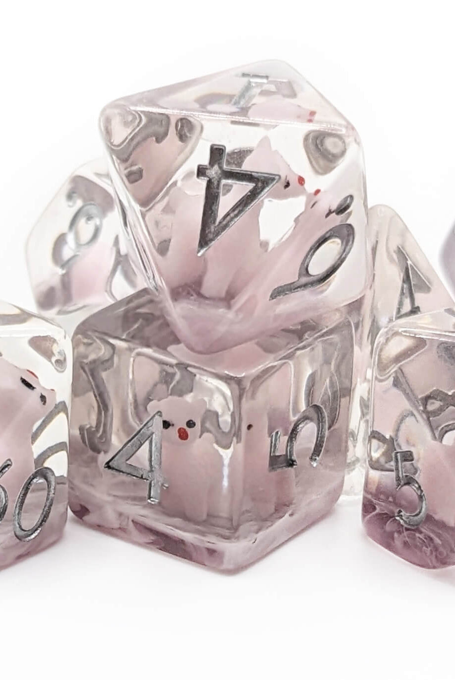 Pink Llama dice set with silver numbers