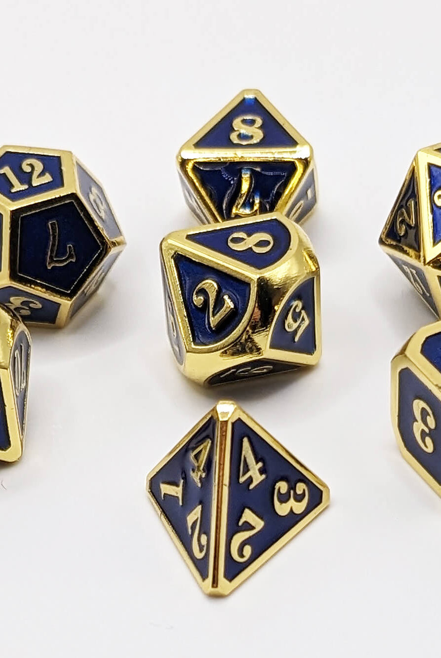 Blue and gold metal dice for ttrpg games