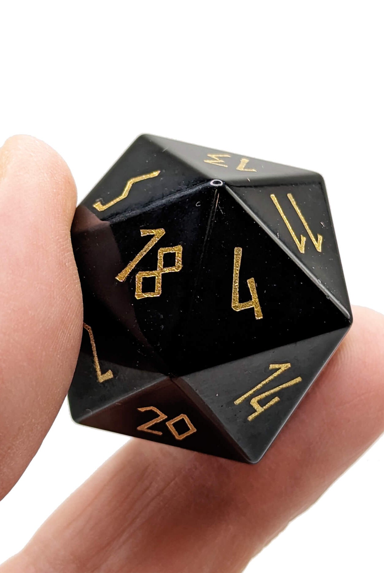 black obsidian gemstone d20 dice with gold numbers