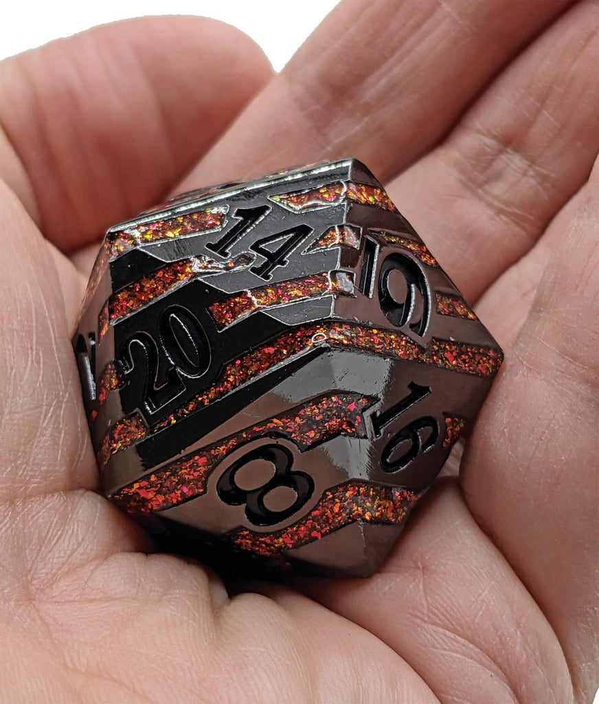 Fire red glitter metal d20 for dungeons and dragons games