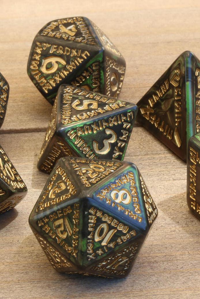 Runic Dice Bottle Green Gold 3