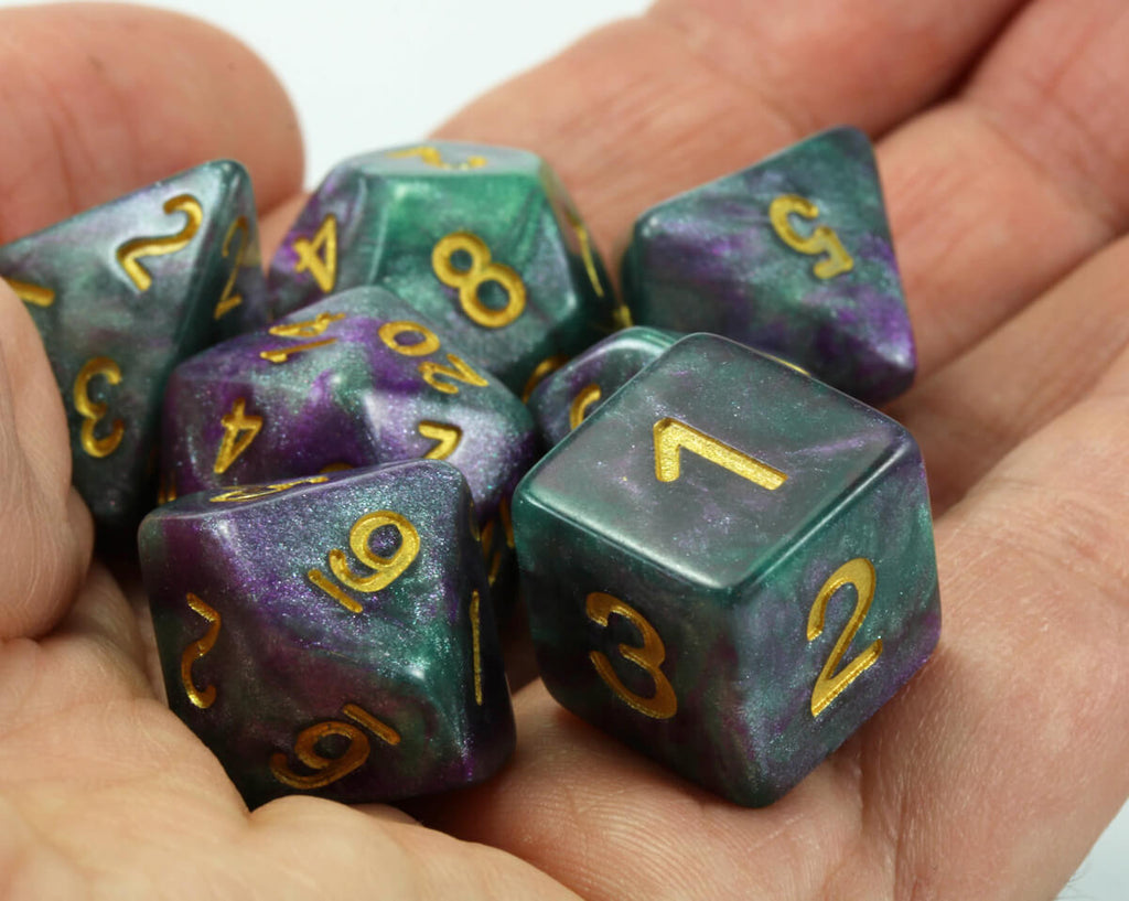D&D dice purple and green