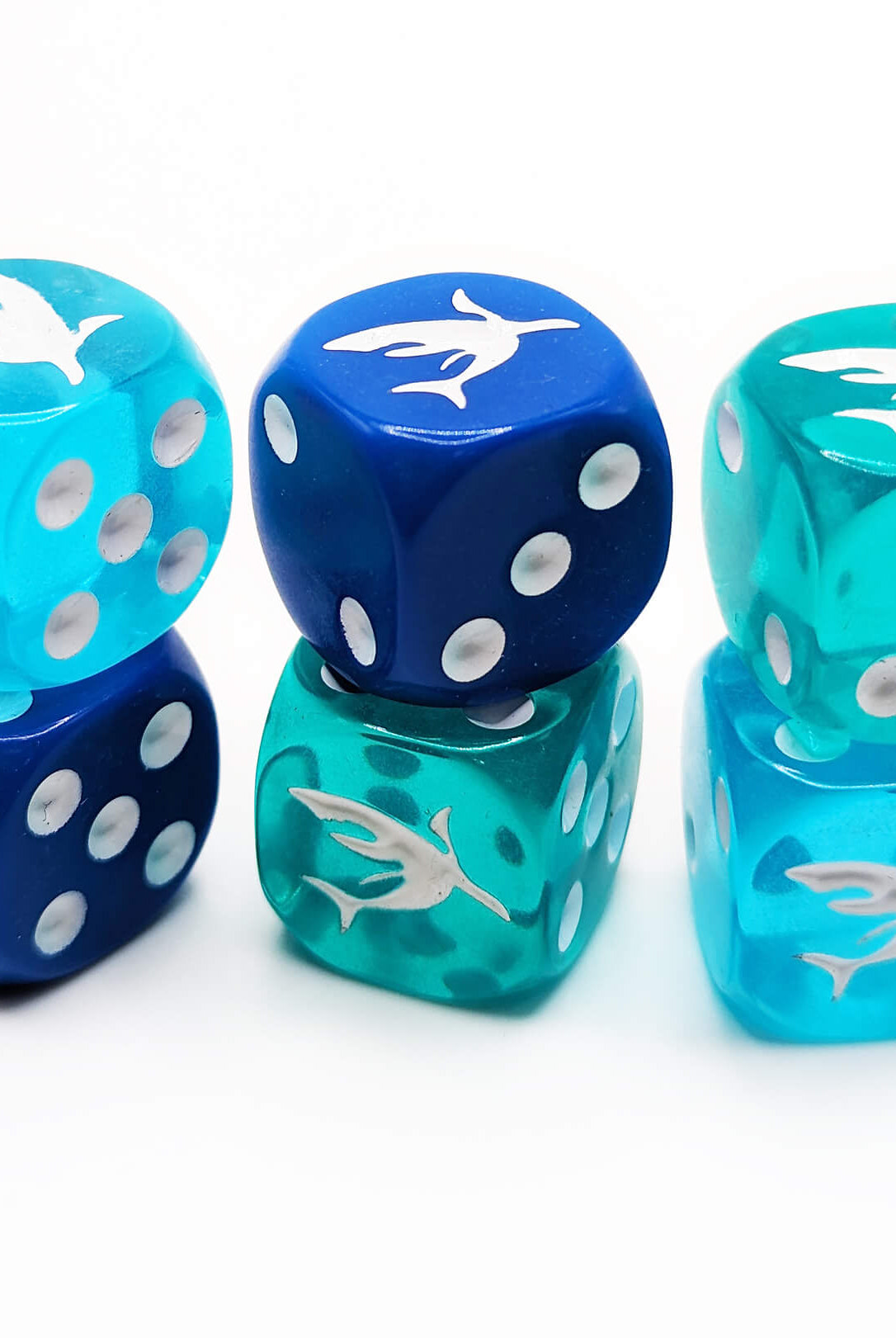 Six-sided dice with sharks