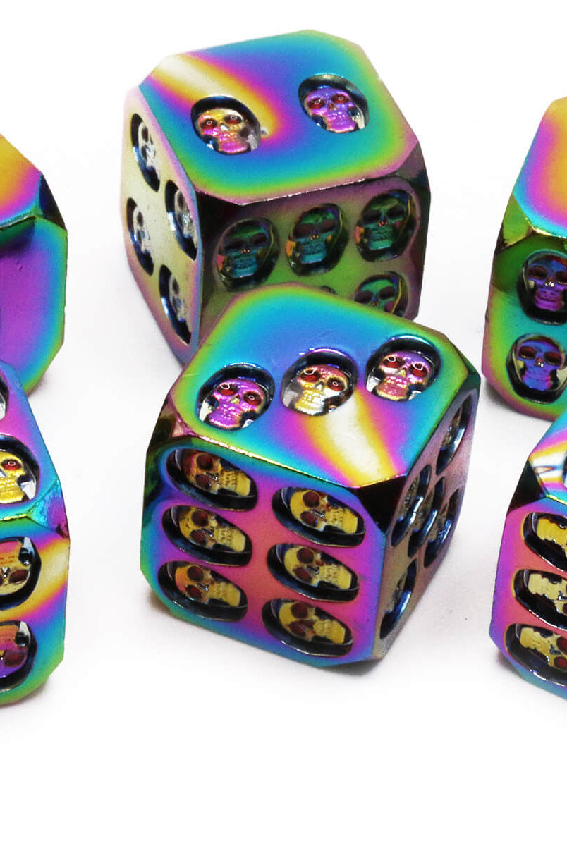 Rainbow Metal D6 Dice with Skulls 3