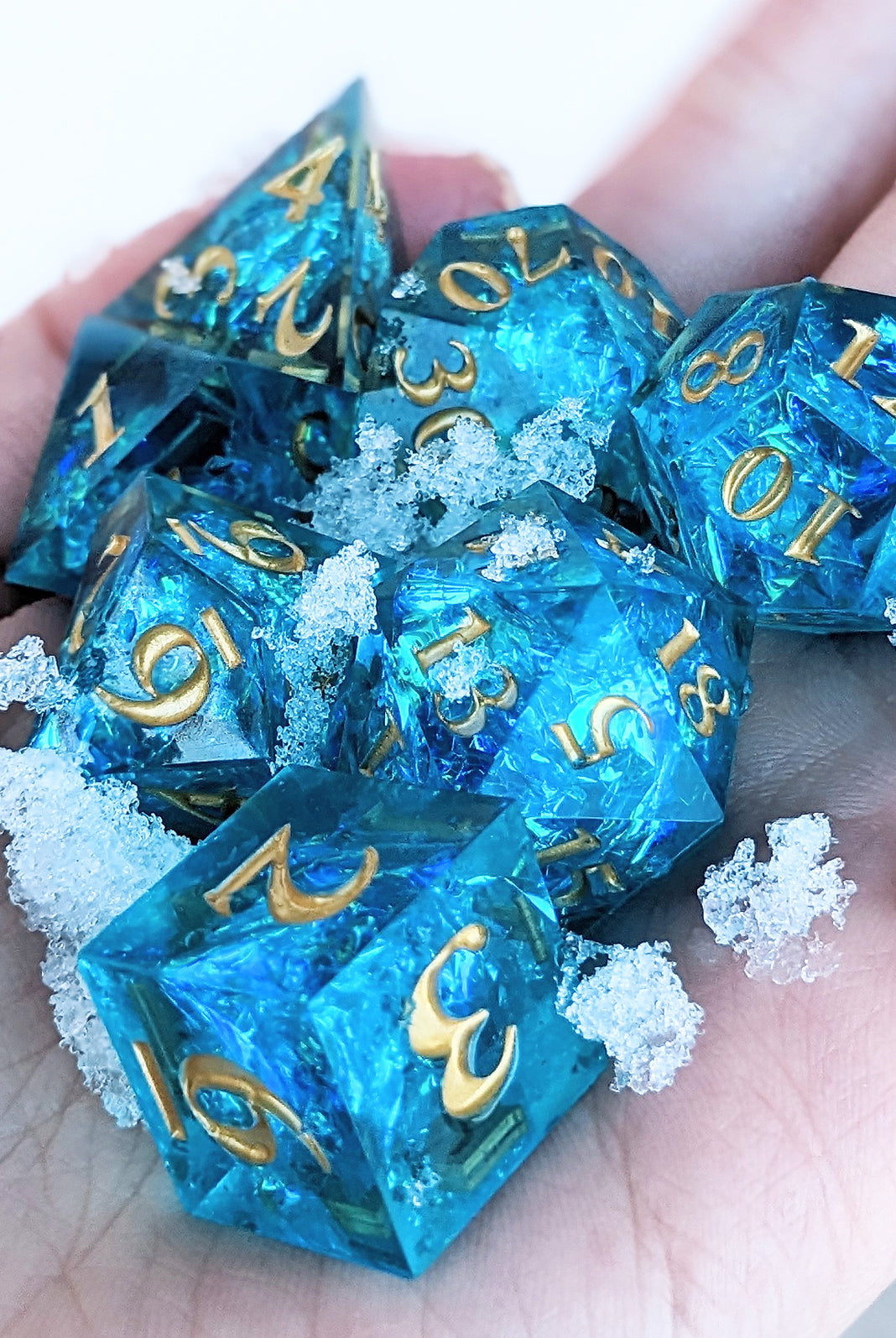 Beautiful blue sharp edge dice for dnd andd tttrpg games