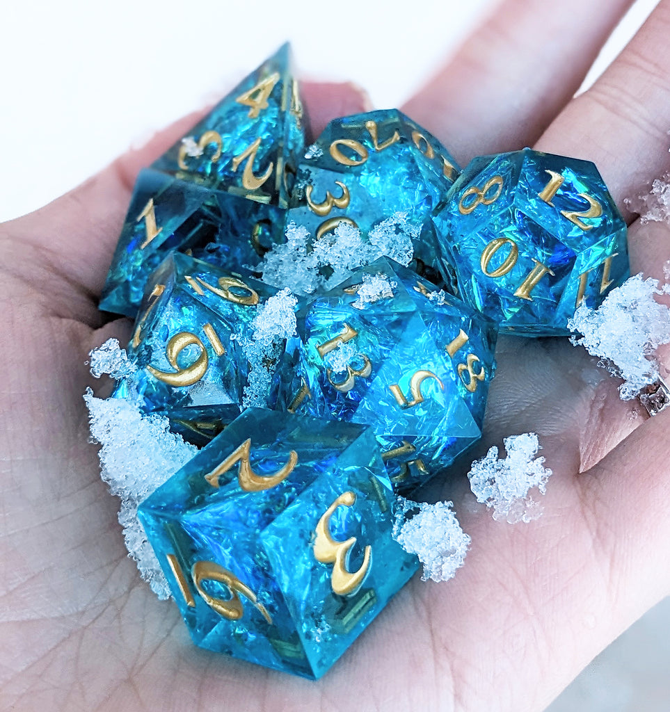 Beautiful blue sharp edge dice for dnd andd tttrpg games