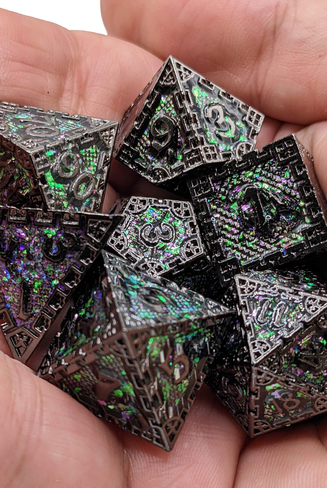 Magic Tower Metal Dice Black Purple Green
