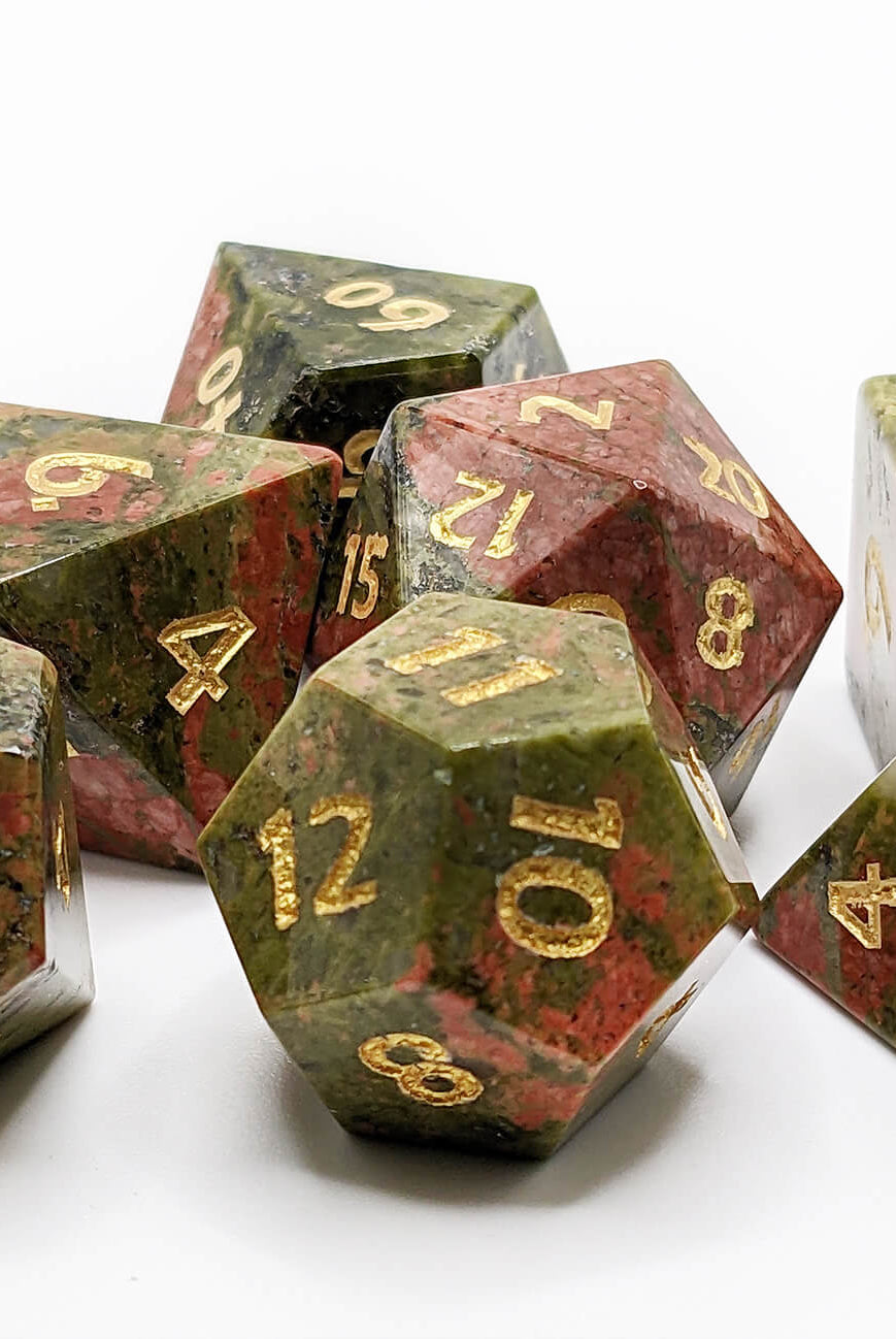 Unakite stone dice for dungeons and dragons game