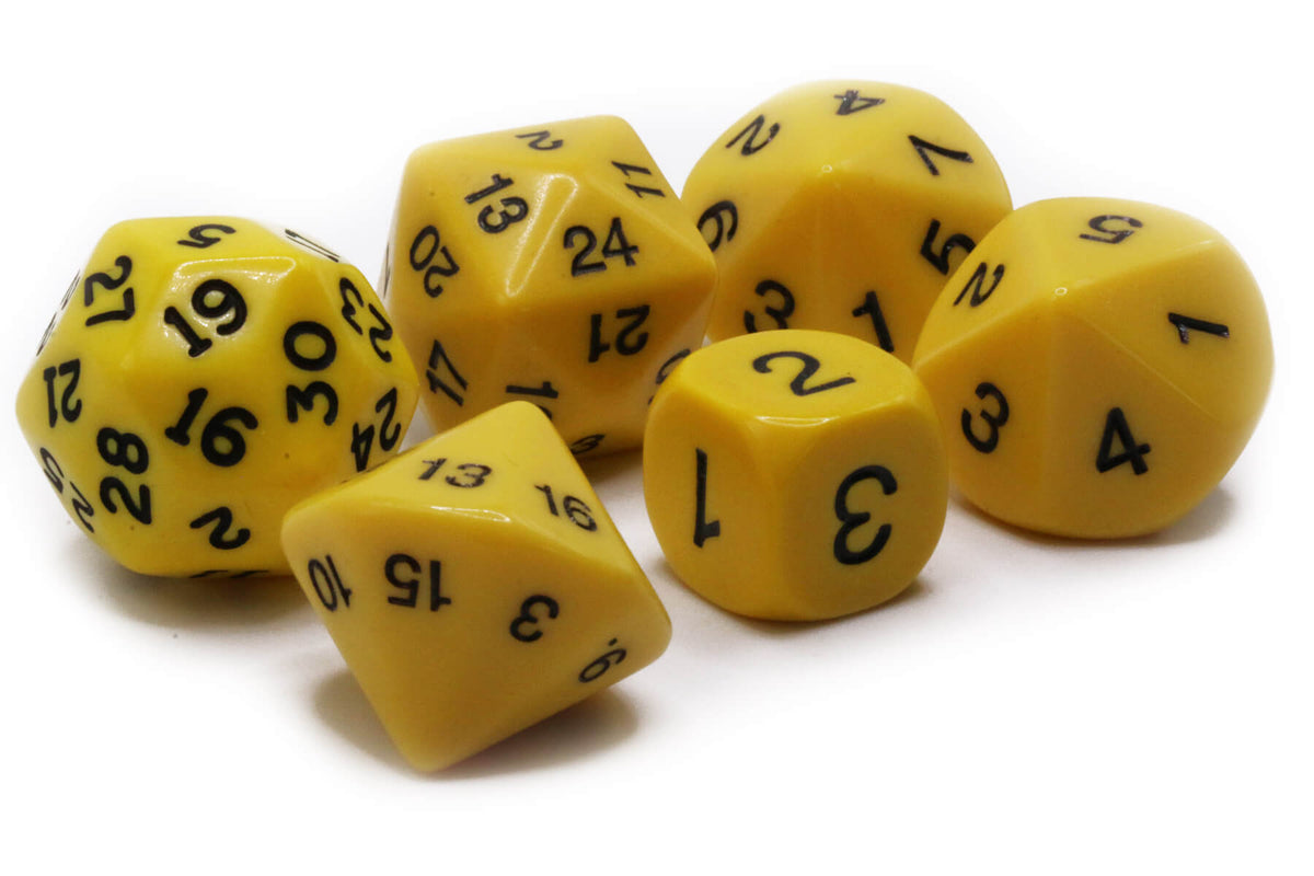 Who Knew Dice Set, 6 Pack of Unique D3, D5, D7, D16, D24, D30 Dice by Koplow  Games White, Black, Blue, Green, Yellow, Red 