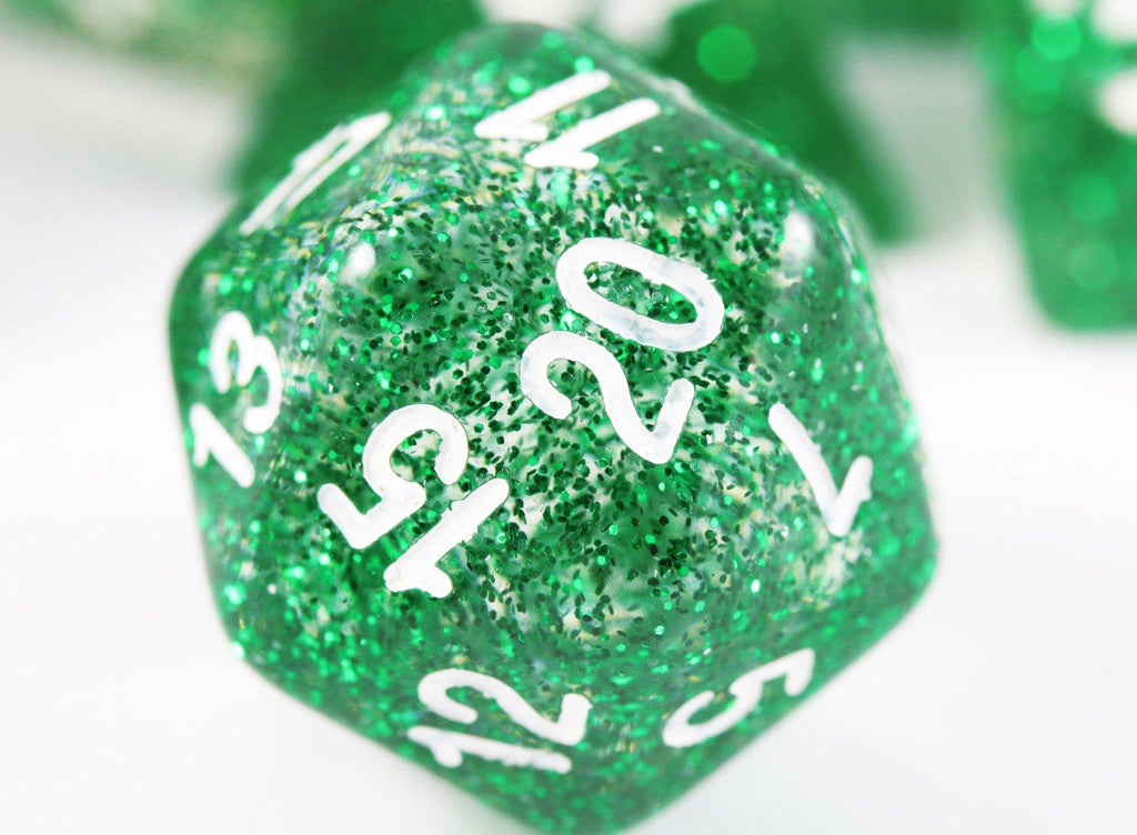 d20 glitter dice green
