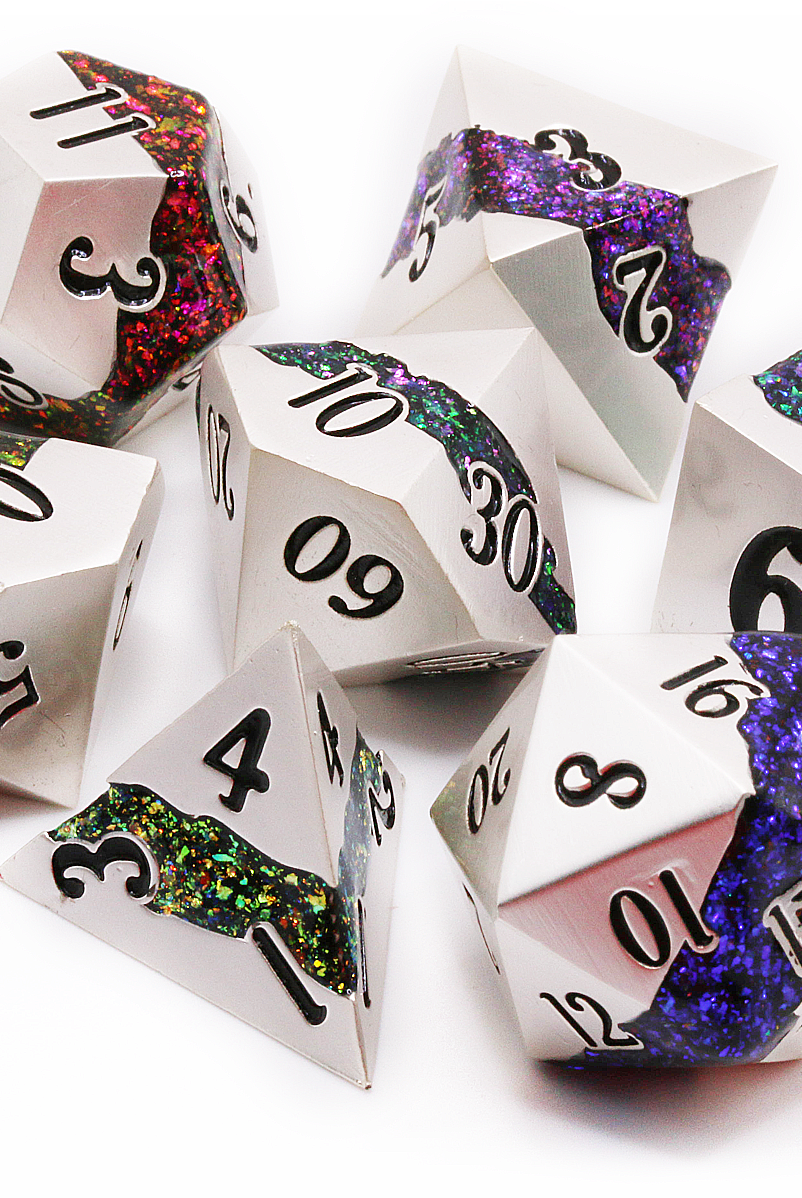 Crucible Dice Set Brushed silver and multi glitter