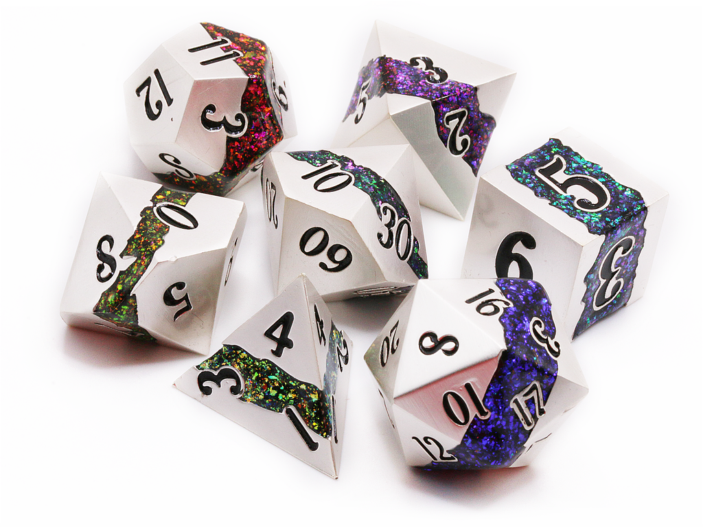 Crucible Dice Set Brushed silver and multi glitter