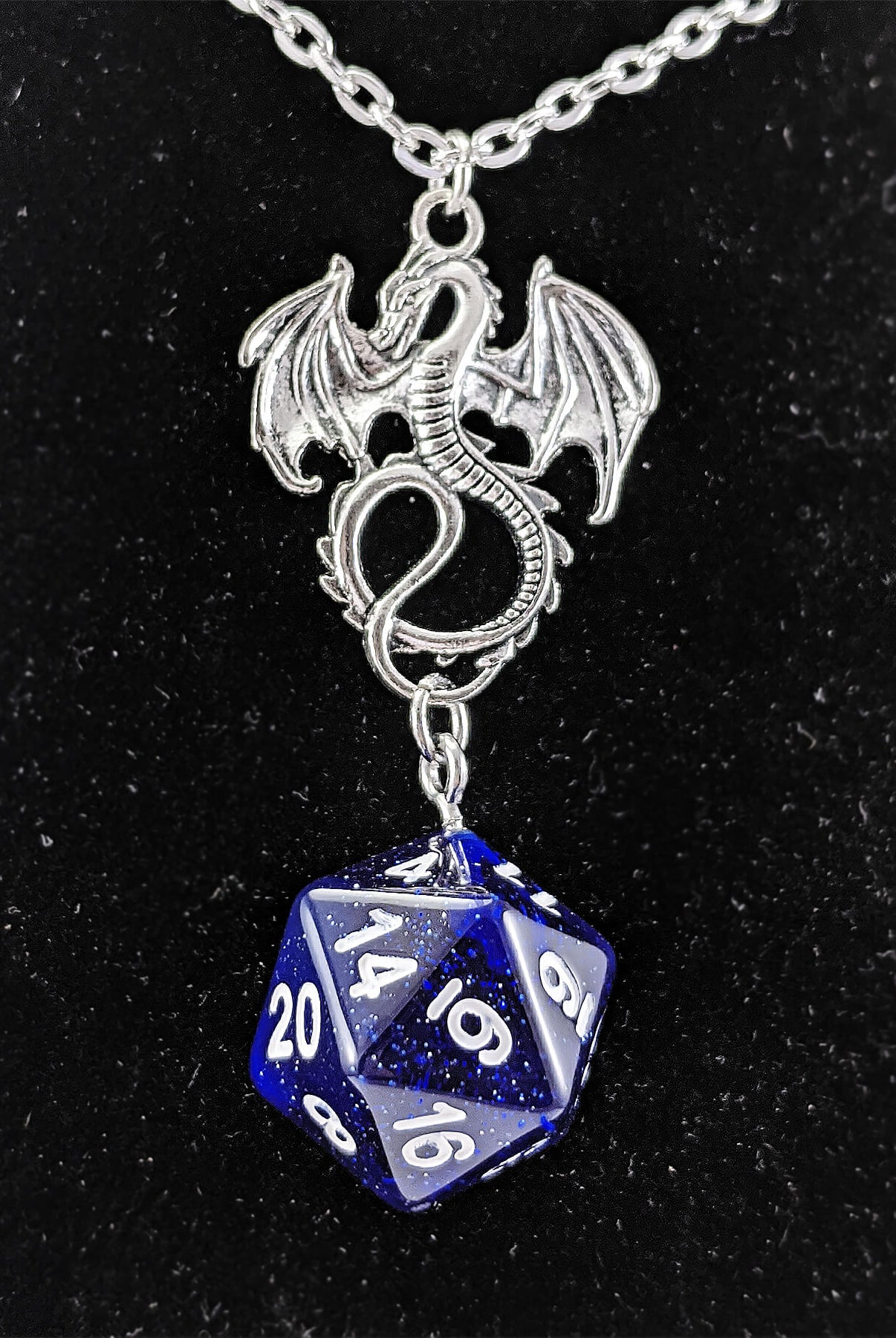 Dragon d20 necklace blue glitter
