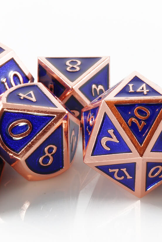 Blue and copper enamel dice