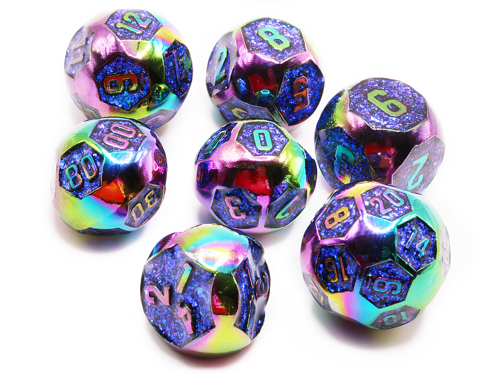 rounded rainbow metal dice with purple glitter