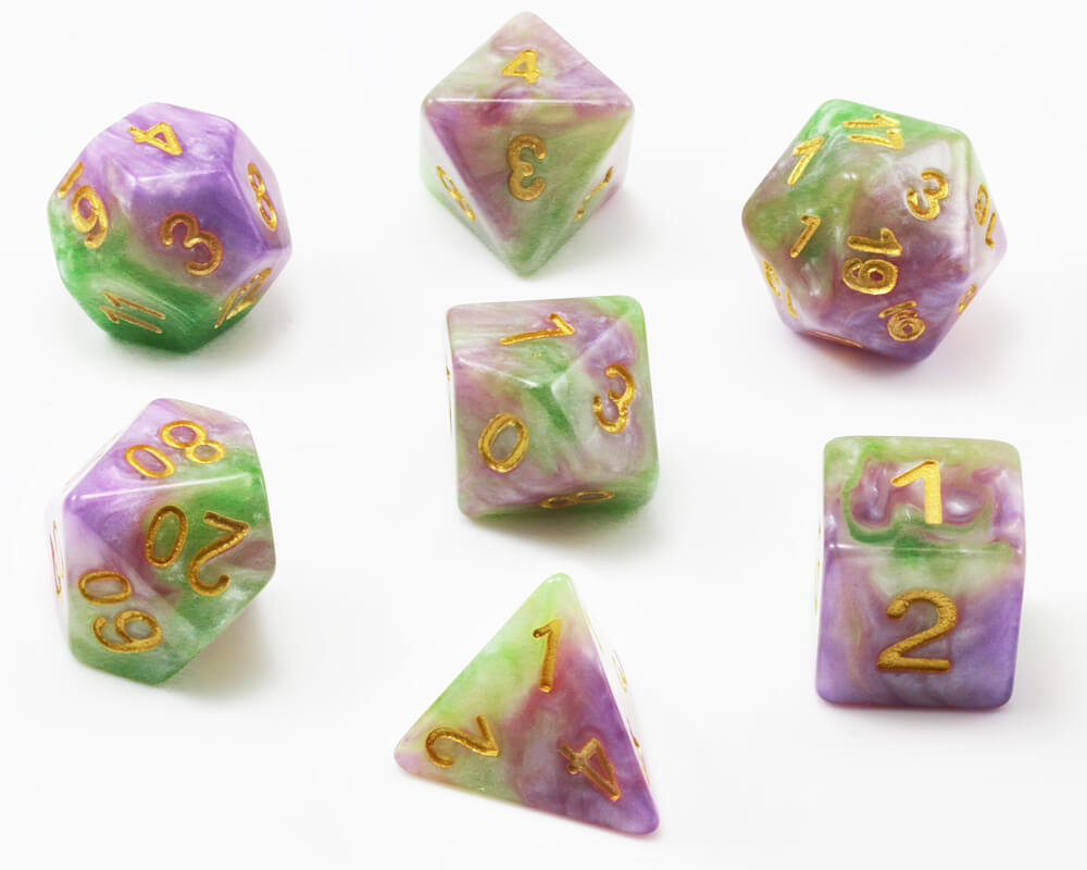 Shadowstone dice purple and green