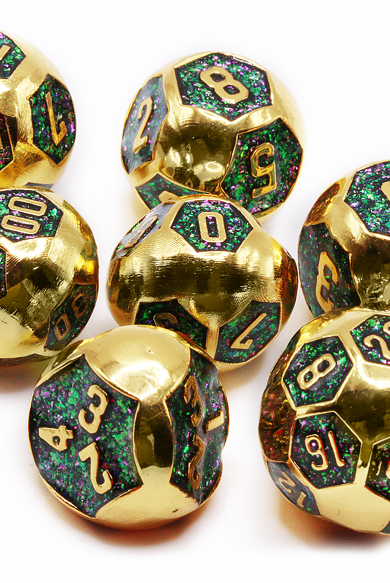 Rounded metal dice shiny gold and prismatic glitter for dnd games