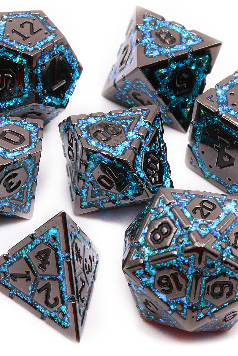 Mythic Armor Dice Set Black Nickel and Blue glitter for dnd games