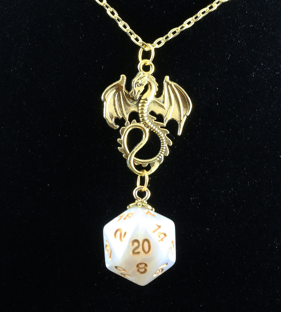 Dragon Pearl White D20 Necklace