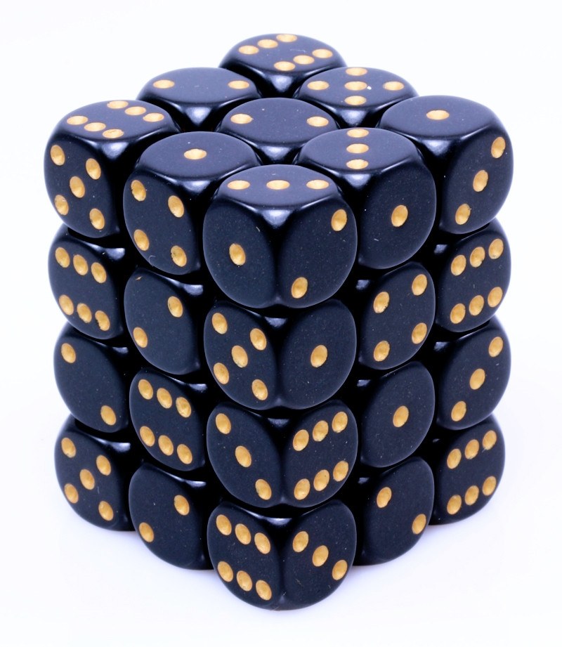 Wondertrail Black Opaque D3 Dice With Gold Numbers - 16mm Six-Sided (Pack Of 12)