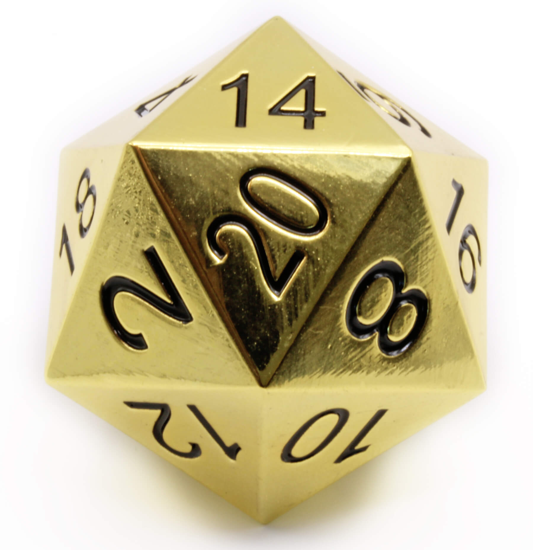 Giant bright gold metal d20 at Dark Elf Dice