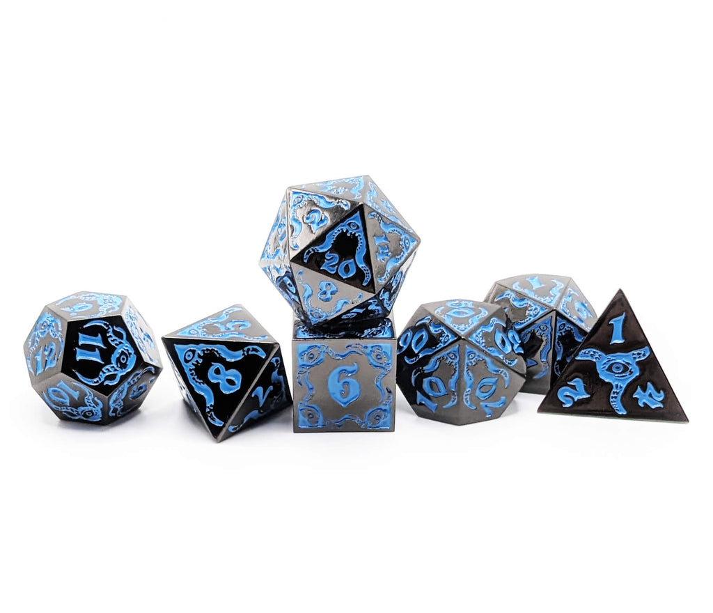Black and blue Cthulhu Metal dice for ttrpgs
