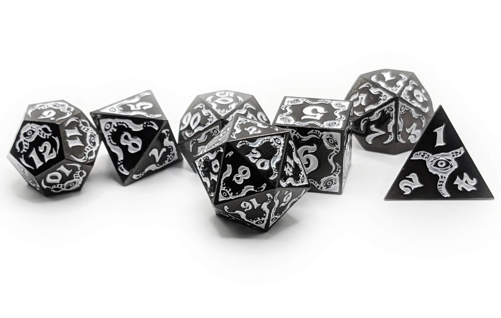 Metal Cthulhu dice in black and white