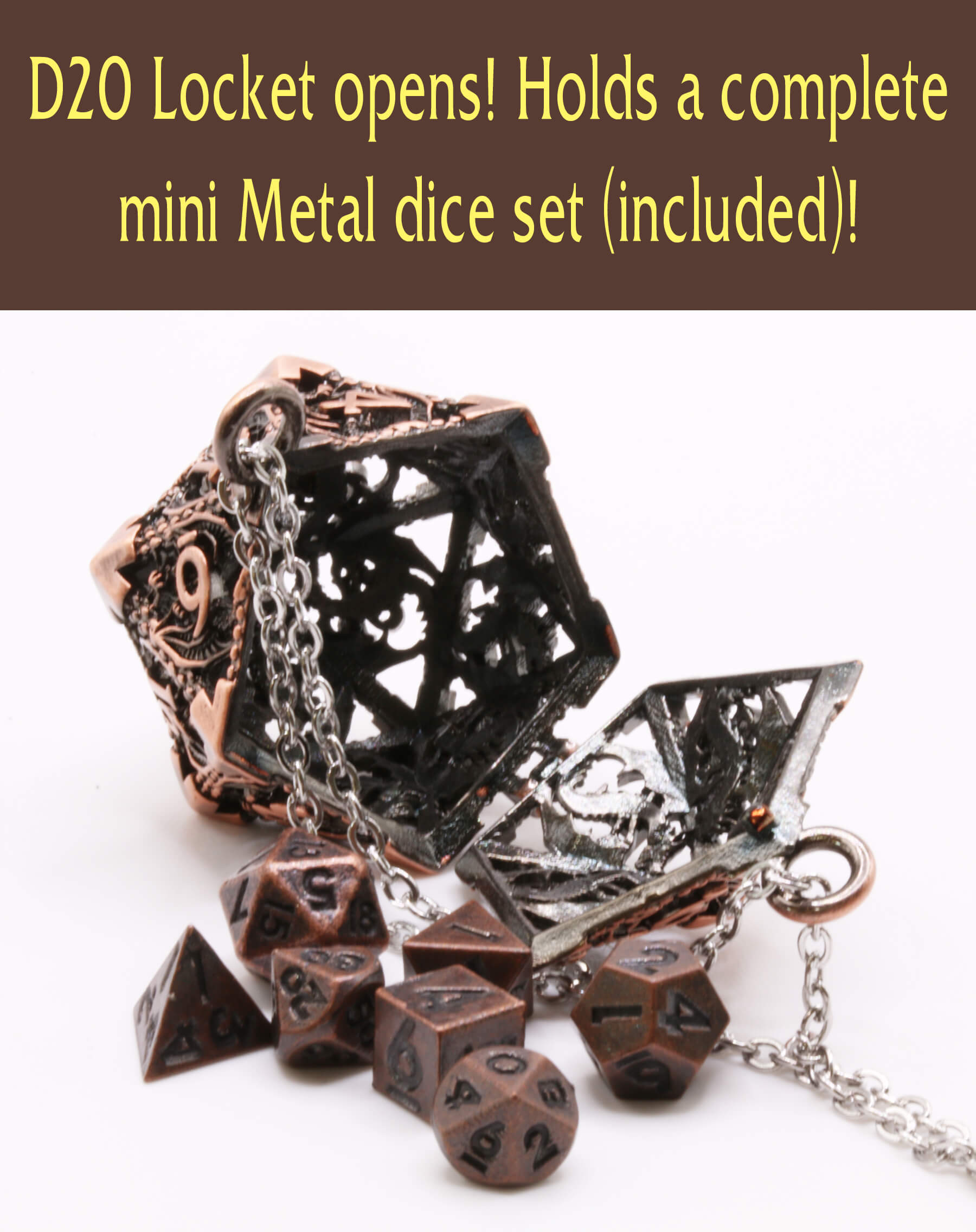 D20 Dice Locket Necklace with Metal Dice Set