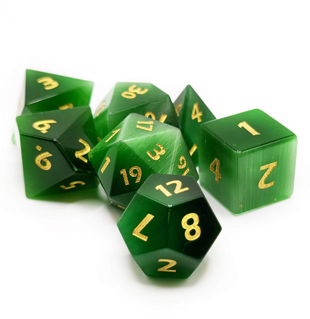 Green Cat's Eye dice set for ttrpg games