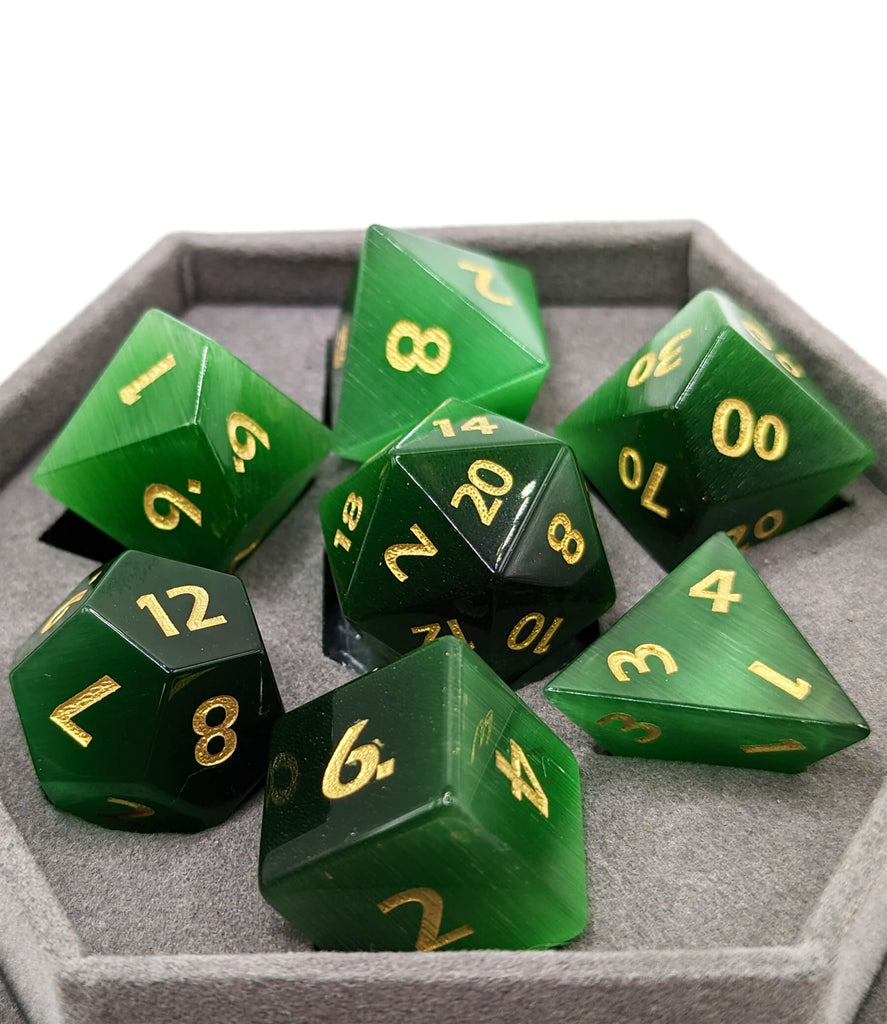 Green Cats Eye Gemstone dice for dnd games