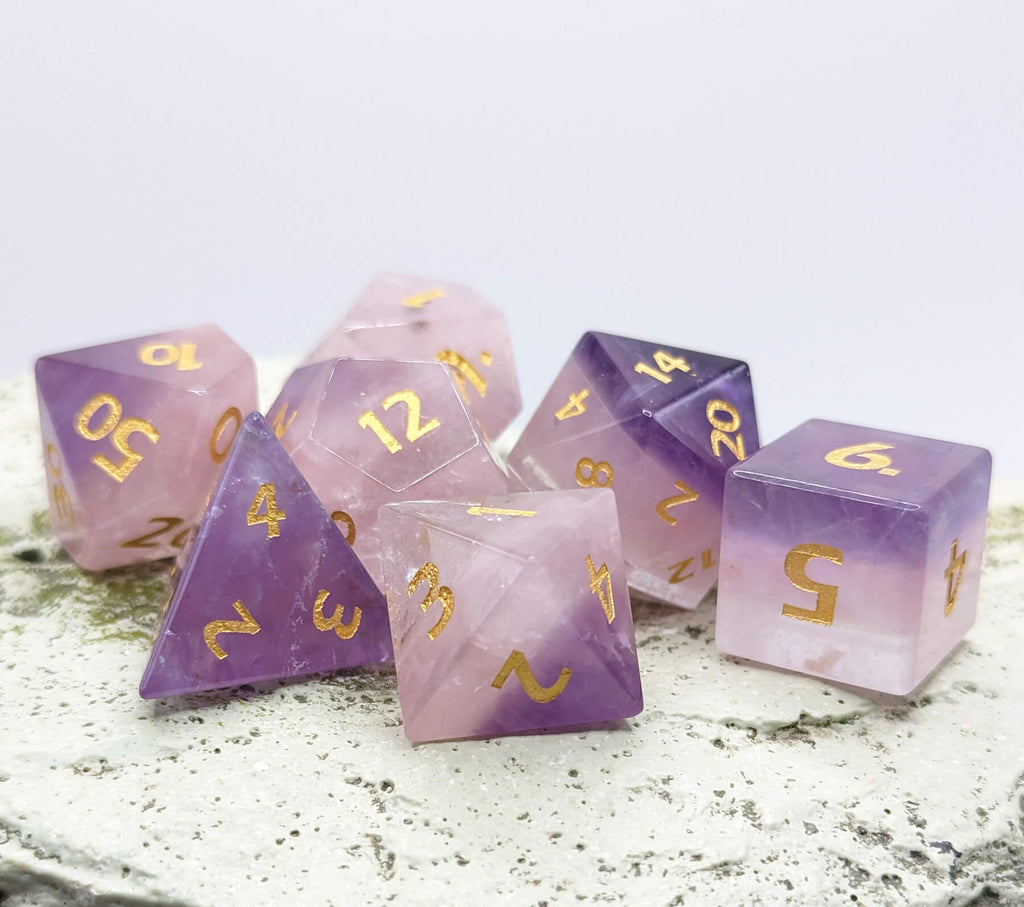 Purple layered crystal dice set for ttrpg games