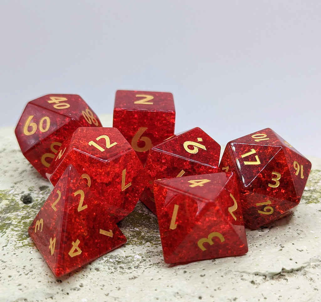 TTRPG shattered red glass dice