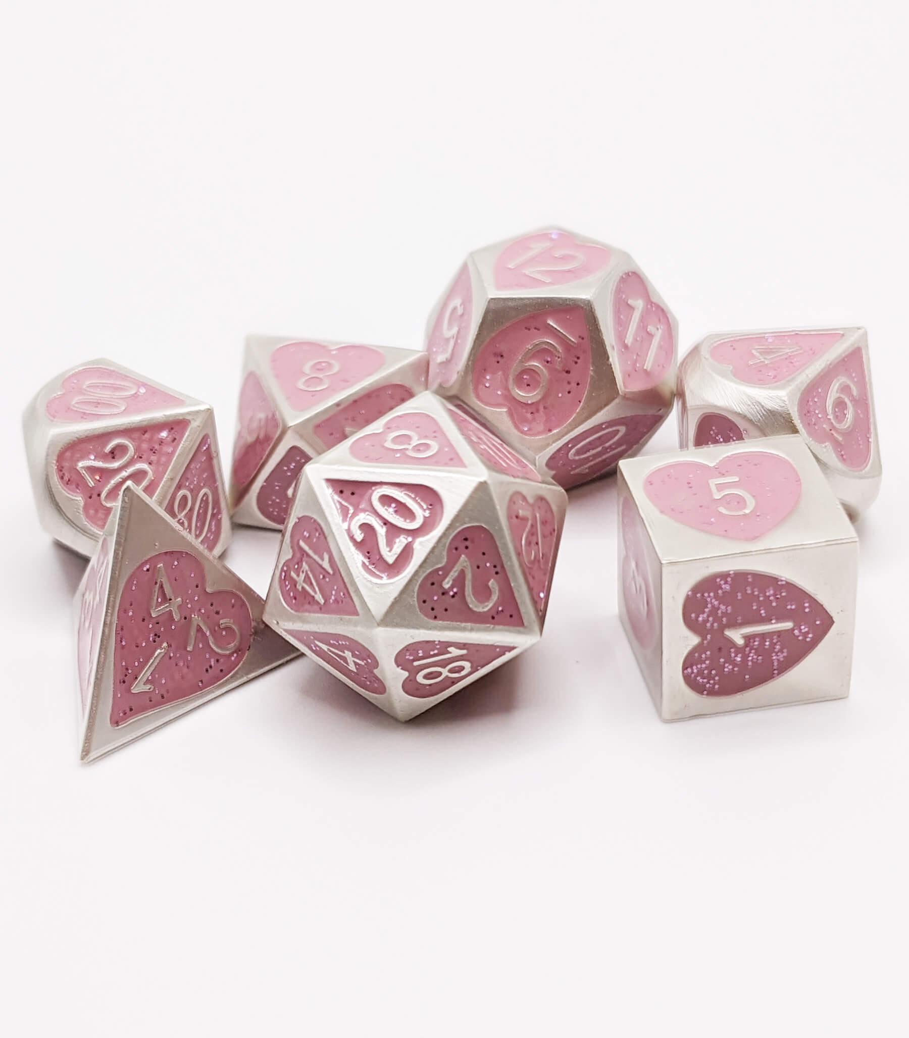 Pink Heart Dice Metal Set for DnD fantasy games