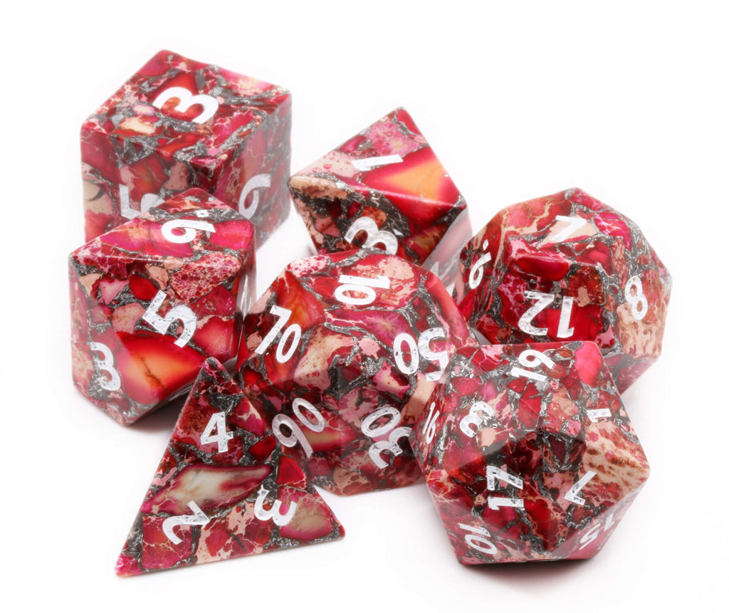 Beautiful red gemstone jasper dice for ttrpg games